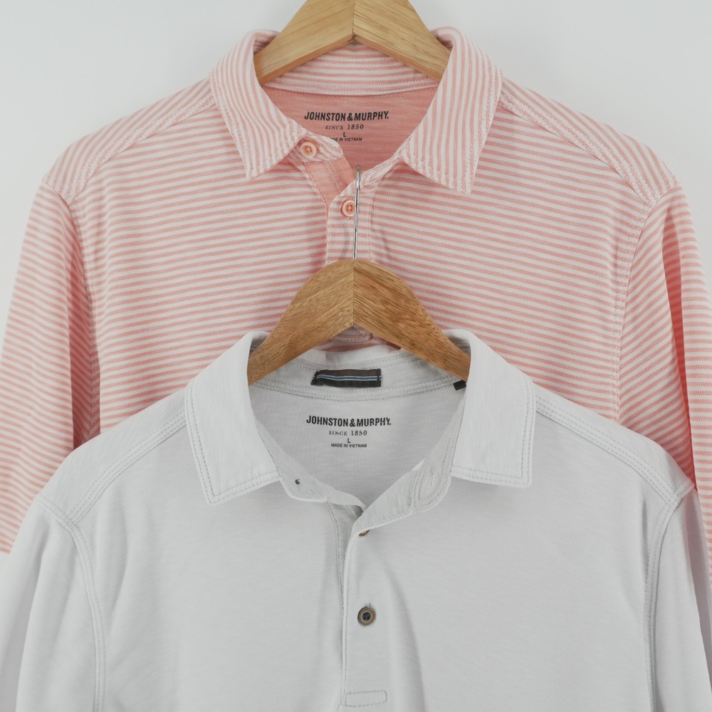 Johnston & Murphy Polo Shirt Mens L Pink Grey Striped Solid 2 Pack Short Sleeve